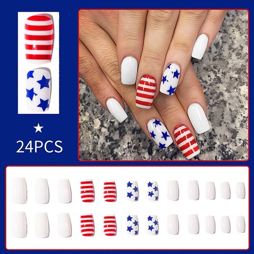 4th of July Press On Nails Medium Patriotic Press On Nails Independence Day Nails Red White and Blue Star Striped Nails Square White False Nails Full Cover Coffin for Women Girls