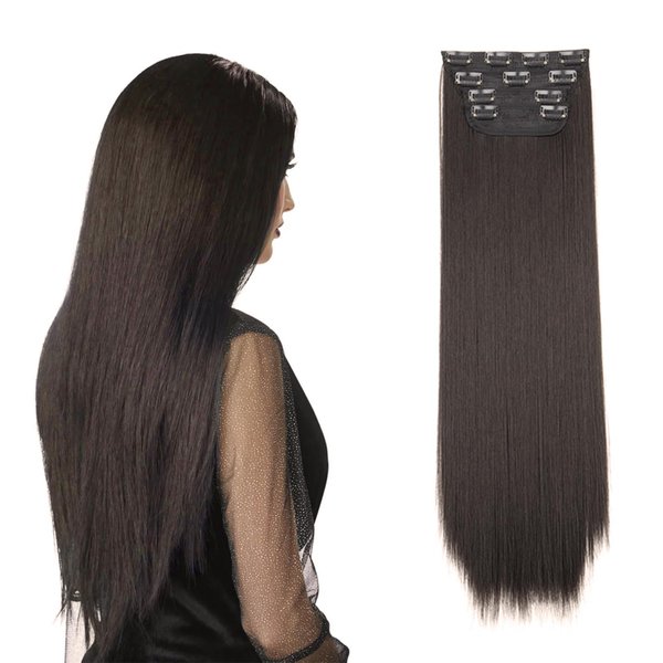 Clip in Hair Extensions Real Human Hair Clip ins 24Inchin Dark Brown Straight Hair Extensions 4Pcs Human Hair Clip in Extensions Natural Soft Synthetic Hairpieces for Women