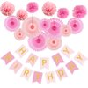 fiintrwa Pink Birthday Decorations, Pink Happy Birthday Banner with Tissue Paper Pom Poms, Hanging Paper Fans Party Decoration /Birthday Party Decorations for Women Girls