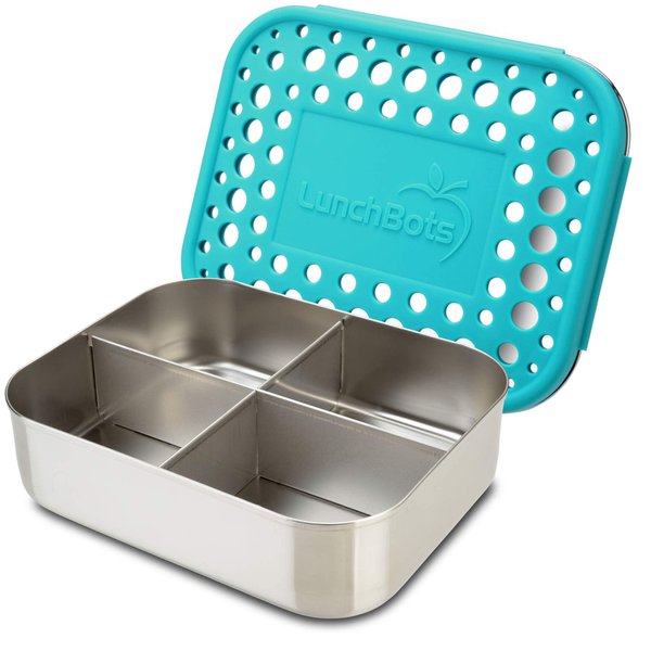 LunchBots Medium Quad Snack Container - Divided Stainless Steel Food Container - Four Sections for Finger Foods On the Go - Eco-Friendly, Dishwasher Safe - Stainless Lid - Aqua Dots