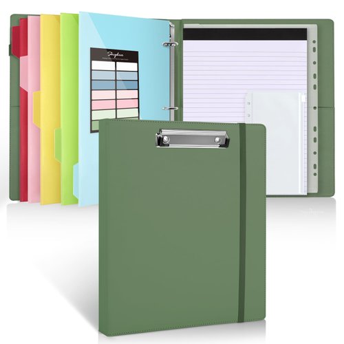 SKYDUE Clipboard Binder with Refillable Notepad, PU Clipboard Folder Includes 5 Dividers with 10 Pockets, Labels, 3 Ring Binder 1 Inch for School Office (Fit Letter Sized Paper)