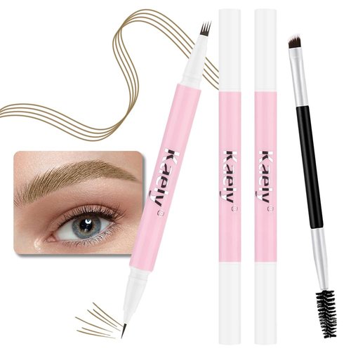 2 Pcs Light Brown Magic Microblading Eyebrow Contouring Pen Brow Pencil, with 4 Brush Micro-Fork-Tip Precise Applicator, Dual-ended Eyebrow Brush, Precise Waterproof Brow Pen, Eye Brow for Women, 01