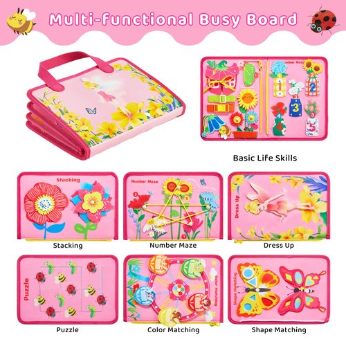 Kickduck Busy Board Montessori Toys for 3 4 Year Old Girls Birthday Gifts, Educational Activity Sensory Board Preschool Learning Toys for Toddlers, Travel Toys for Airplane Car (Flower Fairy)