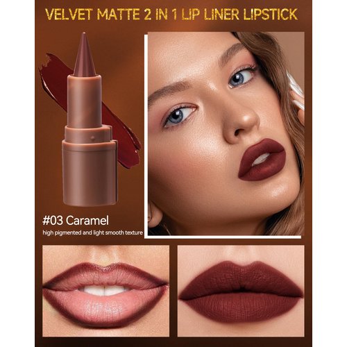 2 in 1 Lip Liner Lipstick, Caramel Brown Lip Liner Lip Gloss, Velvet Matte Sharpened Head Lip Tint Stain,Long Lasting Waterproof,Highly Pigmented Non-sticky Tinted Lip Balm,Lip Makeup for Women-03
