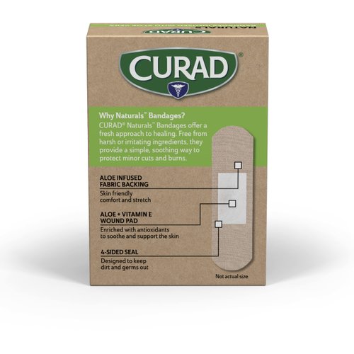 CURAD Naturals Aloe Vera & Vitamin E Bandages 0.75" x 3", Individually Wrapped Sterile Bandage, First Aid Kit Essential, Protects Scrapes and Cuts, Absorbent and Self-Adhesive, 30-Count Box
