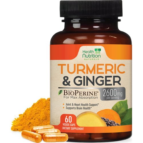 Turmeric Curcumin with BioPerine & Ginger 95% Curcuminoids 2600mg - Natural Joint & Heart Support, Black Pepper for Max Absorption - Health Nutrition Turmeric Extract Supplement - 60 Capsules