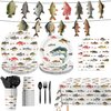 170PCS Fishing Birthday Party Decorations Gone Fishing Party Decorations Include Plates, Cups, Cutlery, Banner, Tablecloth for Ofishally One Birthday Decorations