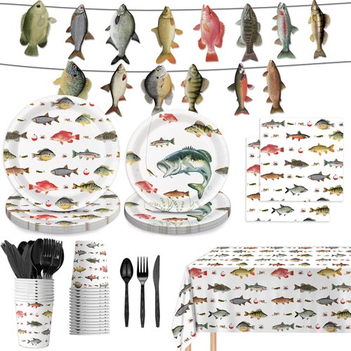 170PCS Fishing Birthday Party Decorations Gone Fishing Party Decorations Include Plates, Cups, Cutlery, Banner, Tablecloth for Ofishally One Birthday Decorations