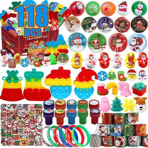 Dilycery 118 Pcs Christmas Party Favors for Kids, Goodie Bag Stuffers, Pop Fidget Toys, Treasure Box Toys, Classroom Prizes, Goody Bags, Christmas Stocking Stuffers for Kids