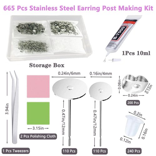 N NOROCME 665Pcs Earring Posts with Jewelry Glue Tweezers,Stainless Steel Jewelry Making Hypoallergenic Earring Posts and Backs,Stud Earrings with Butterfly Rubber Earring Backs DIY Making Findings