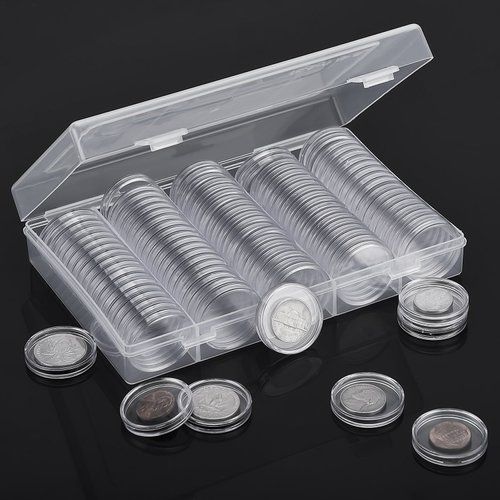 Hicarer 100 Pieces Clear Plastic Coin Capsules Coin Holders for Collectors Coin Protectors Coin Case with Storage Organizer Box for Morgan Silver Dollars Glitter Samples Collection Supplies, 30 mm