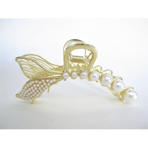Gold metal and pearl leaf shaped hair claw clip for medium fine hair