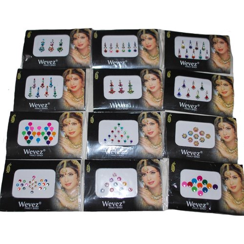 12 Gold,Silver, Multi Color Bollywood Head Bindi Tattoo Body Glitter