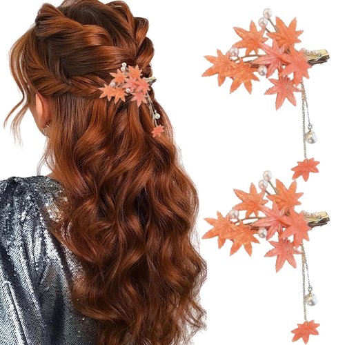 2Pcs Maple Leaf Hair Clip Thanksgiving Metal Orange Maple Leave Hairpins Vintage Pearl Tassel Fall Headpieces Hair Accessories for Women Girls Thick Thin Hair Autumn Party Daily Use