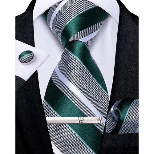 DiBanGu Men's Emerald Green Grey Striped Tie Silk Woven Necktie Pocket Square Cufflink Set Formal