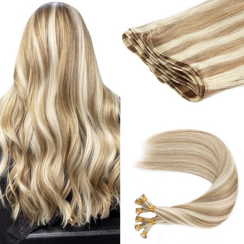 ABH AMAZINGBEAUTY HAIR Highlighted Hand Tied Weft Hair Extensions Straight Remy Human Hair Extensions Straight Bundles 50 Gram in Total, Dark Ash Brown With Platinum Blonde Highlights P8-60, 20 Inch