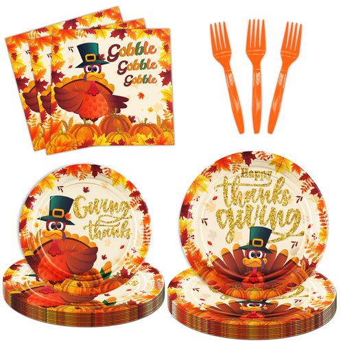 Thanksgiving Plates and Napkins Sets, 96 Pcs Thanksgiving Tableware Kit Includes Thanksgiving Plates Napkins Forks for Friendsgiving Party Supplies Serves 24