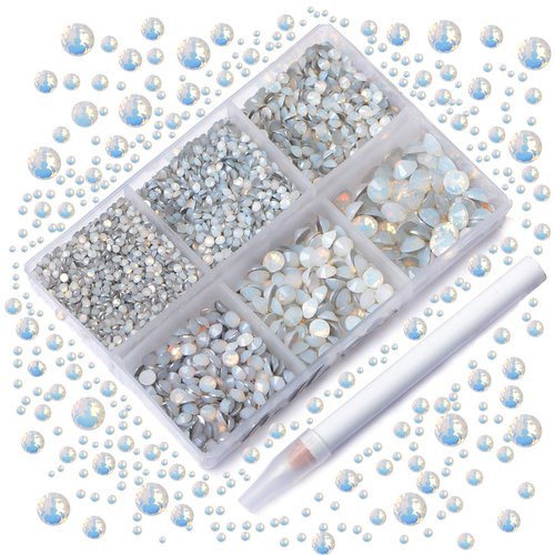 AD Beads 4300 Pieces Flat Back Nail Art Rhinestones Round Beads 6 Sizes (2-6.5mm) with Storage Organizer Box,Rhinestones Picking Pen for Nail Art Phone Decorations Crafts DIY (Opal White)