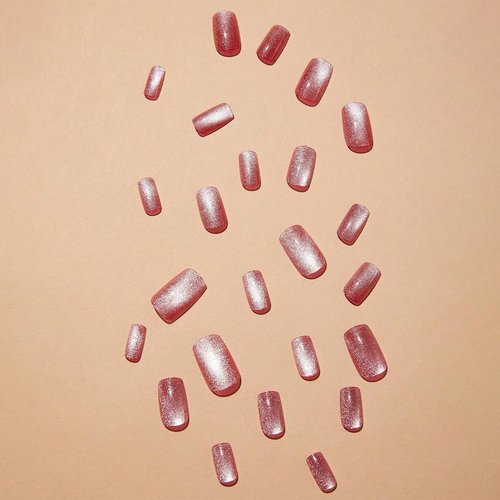 KIFOLLIV Cat Eye Pink Press on Nails Medium Fake Nails French Acrylic Full Cover False Nails for Women and Girls 24PCS,Glossy Round Fake Nails