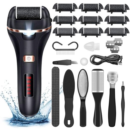 Electric Callus Remover for Feet,Rechargeable Foot File Hard Skin Remover,Waterproof 14 in1 Professional Pedicure Kit for Cracked Heels &Dead Skin,with 9 Roller Heads 2 Speed, Battery Display