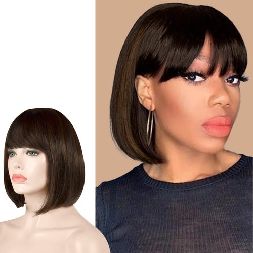 SOFEIYAN Short Straight Bob Wigs 11 inch Synthetic with Bangs Daily Party Cosplay Hair Wig for Black Women, Brown with Auburn Highlights