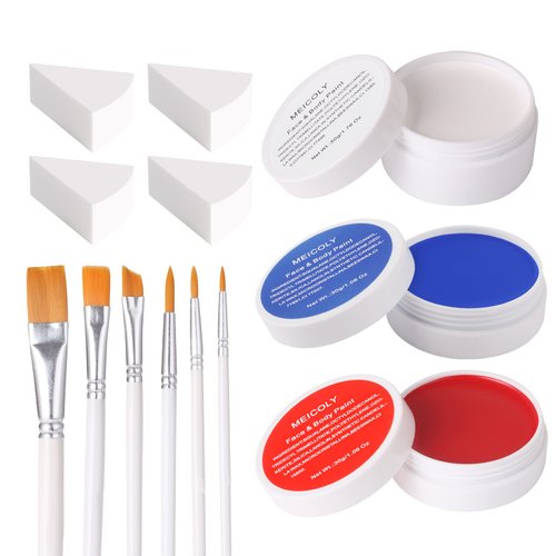 MEICOLY Red White Blue Face Body Paint Set,Halloween SFX Cosplay Clown Face Paint with Painting Brushes and Sponges,Patriotic Independence Day 4th of July Pride Face Paint,USA Flag Face Painting