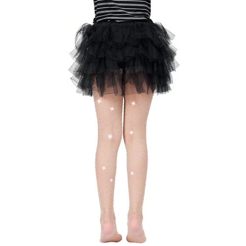 MANZI Rhinestone Fishnets Tights for Girls White Tights Sparkly Black Tights for Girls Fishnet Stockings (Pack of 2 Natural)