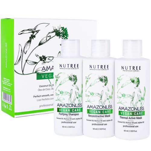 Amazonliss Vegan Keratin Hair Treatment Set 2 fl oz - Purifying Natural Shampoo, Reducer Fluid an...