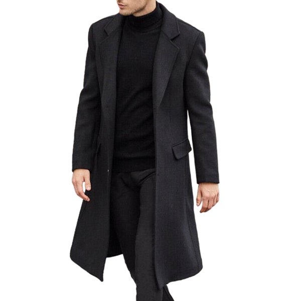 SOMTHRON Men's Casual Trench Coat Slim Fit Notched Collar Long Jacket Overcoat Single Breasted Pea Coat wih Pockets BL-L