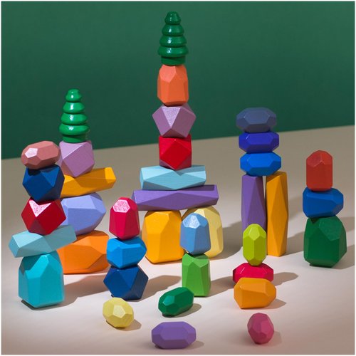 KINOKOSAY 38 PCS Wooden Sorting Stacking Stones Rock Colorful Montessori Balancing Blocks Educational Learning Sensory STEM Toy for Kids 3 4 5 6 Boy and Girl Birthday Gifts