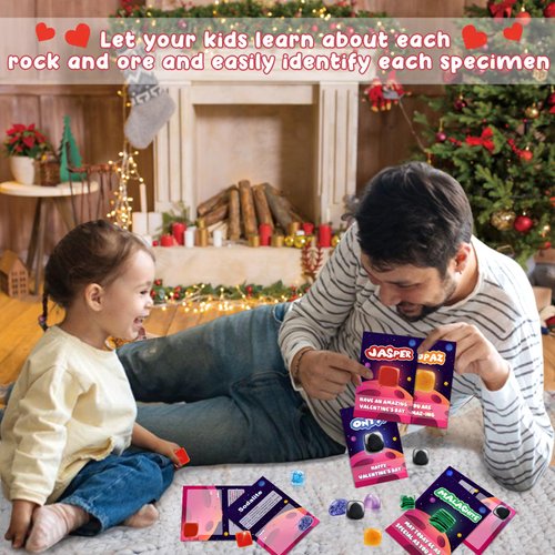 Lionoble Valentines Day Gifts for Kids, 28 Pack Valentines Cards with Rocks Bulk, Crystal Gems Minerals Rocks Collection Kit, Valentine Exchange Card for Girls Boys School Classroom Party Favors