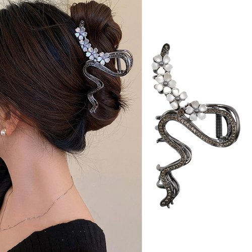 Elegant Snake Shape Hair Claw Clip with Silver Flowers and Rhinestone Metal Non-Slip Hair Accessories 4.5" for Women Girls