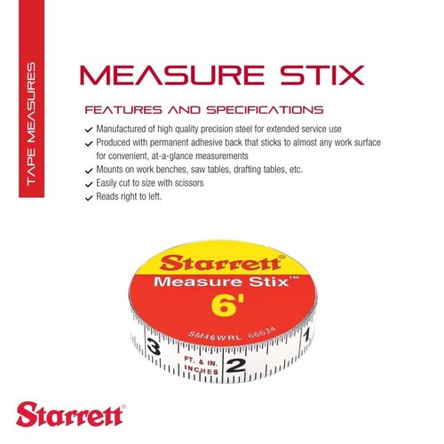 Starrett Tape Measure Stix with Adhesive Backing - Mount to Work Bench, Saw Table, Drafting Table - 1/2" x 6', English Metric, Right-Left Reading - SM46WRL