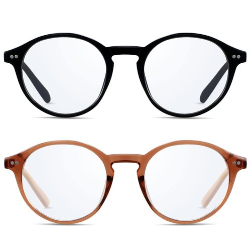 ANDWOOD Blue Light Blocking Glasses Women Men Computer Small Face Frame Bluelight Blocker Teens Round Frame 2 Pack Black Brown