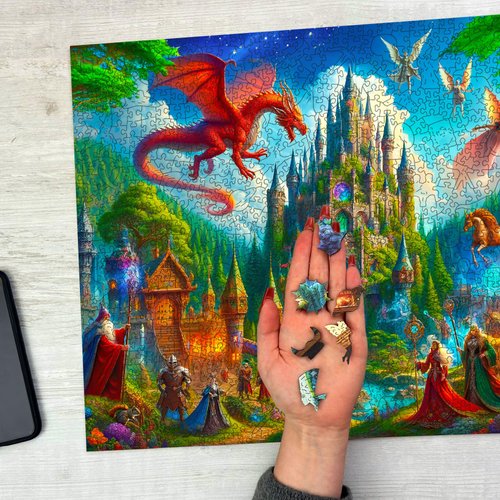 WOODEN.CITY Wooden Puzzle 1000 Pieces - Fantasy Dragon Castle | 21,25 in x 15,5 in | Made in EU
