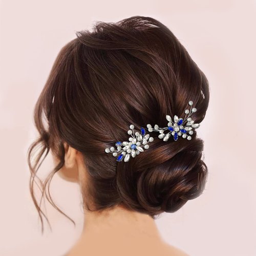 Asooll Pearl Bride Wedding Hair Pins Silver Blue Crystal Bridal Hair Pieces Rhinestones Hair Accessories for Women and Girls（Pack of 2）