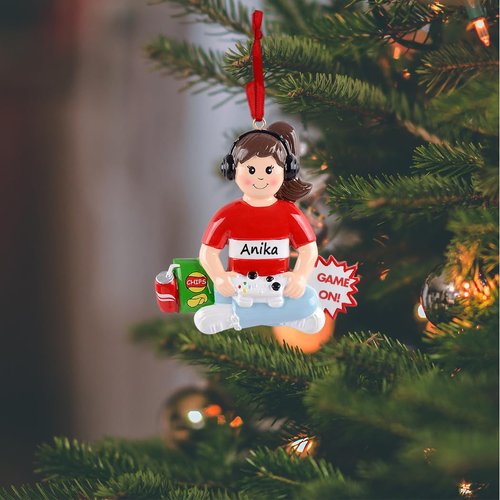 Personalized Video Game Girl Christmas Tree Ornament，Video Gamer Player Ornament，Hand Controller Gaming Christmas Tree Decor, Cool Customized Gifts for Teenagers, Kids, Computer Game Lovers