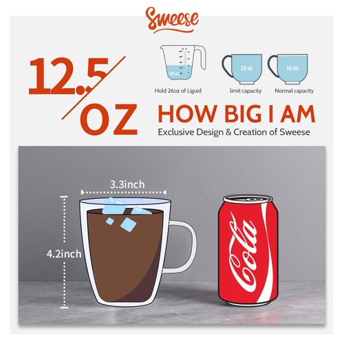 Sweese Double Wall Glass Coffee Mugs - 12.5 oz Insulated Clear Coffee Mugs Set of 2, Perfect for Espresso, Cappuccino, Latte, Americano, Tea Bag, Beverage