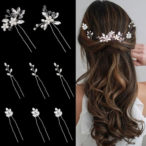 Yandino 8 Pieces Bride Wedding Hair Pins Bridal Hair Accessories Set Jewelry Bridesmaids Silver Hair Piece for Women and Girls