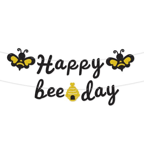 Happy Bee Day Banner Gold Glitter Bumble Bee Theme Party Supplies for Baby Shower Gender Reveal P...