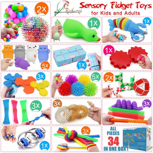 Redlored Fidget Toys Pack, 34 Pcs Stress Relief Sensory Toys for Boys Girls Kids Adults ADHD OCD Anxiety Autism, Treasure Box Toys for Classroom Rewards Prizes Birthday Party Favors Carnival Prizes