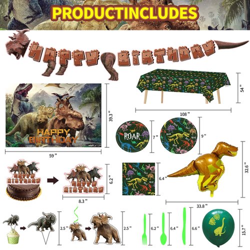 Dinosaur Birthday Party Supplies, Dinosaur Style Decorations Include Backdrop, Tablecloth, Banners, Cake Decoration, Cupcake Toppers, Latex and Aluminum foil Balloons, Hanging Swirls, Tableware Set