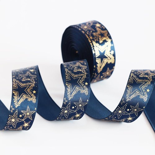 Navy Blue Ribbon with Gold Star Navy Silk Ribbon Navy Blue Satin Ribbon,10 Yards 7/8（22mm) for Gift Wrapping Craft Packing, DIY Craft, Wedding Party Bows Bouquet,Valentine's Day Supplies