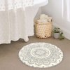 Uphome Small Round Rug 2’ Boho Beige and Grey Bathroom Rug with Pom Poms Fringe Washable Mandala Circle Shower Mat Soft Non-Slip Cute Circular Throw Rug for Sink Powder Room Kids Room Nursery