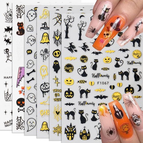 Halloween Nail Stickers, Ghost Nail Art Decals 3D Self-Adhesive Gold Black Ghost Spider Web Witch Black Cat Pumpkin Halloween Nail Design DIY Holiday Nail Decoration for Halloween Party (6 Sheets)