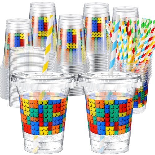 Teenyyou 50 Pcs Party Cups 12 oz Disposable Plastic Cups with Straws, Lids and Leakproof Paper Clear Cup Birthday Cups Supplies Birthday Table Decorations Party Favor (Multicolor,Building Blocks)