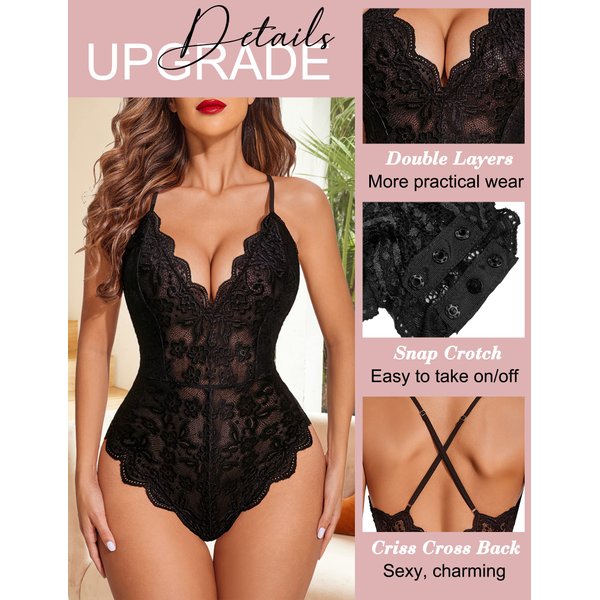 Avidlove Teddy Lingerie for Women Lace Bodysuit Snap Crotch Sexy V Neck One Piece Lingerie (Double Layers - Black, M)