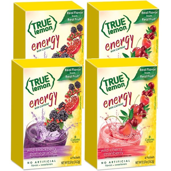 True Lemon (Energy Drinks) Wild Cherry Cranberry & Wild Blackberry Pomegranate 2 boxes EACH flavor (4 boxes total), 24ct instant powdered drink mix packets total, by True Citrus, 2.7 Gram (Pack of 24)