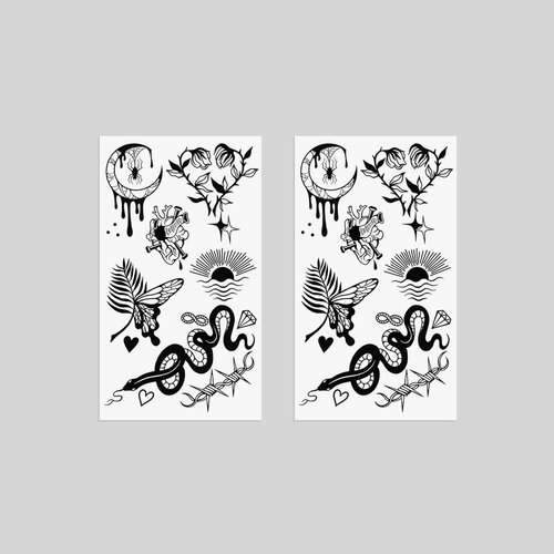 Oottati 2 Sheets Small Tiny Temporary Tattoo Stickers Snake Butterfly Heart Sun