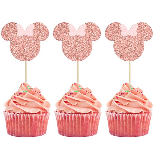 Gyufise 36Pcs Mouse Inspired Cupcake Toppers with Pink Bow Rose Gold Glitter Mini Mouse Cupcake Picks Decorations for Baby Shower Wedding Kids Birthday Party Supplies